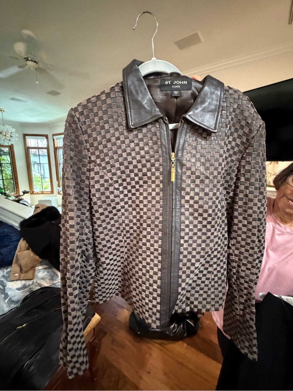 St. John Brown Checkerboard Bomber Jacket with Leather Trim